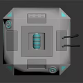 Cartoon Scene of Silver Tech Device with Blue Accents Transparent Grid Windows and Black Cable