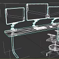 Modern Office Desk Setup With Three Monitors On Stands Keyboard Mouse And Ergonomic Office Chair