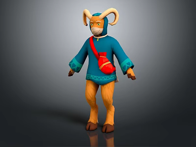Anthropomorphic Goat Character In Blue Outfit With Red Bag And Curved Horns 3d model