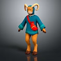 Anthropomorphic Goat Character In Blue Outfit With Red Bag And Curved Horns