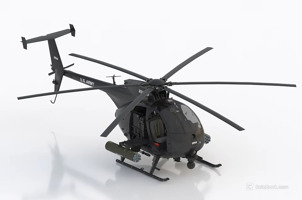 Detailed Black US Army Military Helicopter Model with Weapon Mounts on White Background 3d model 