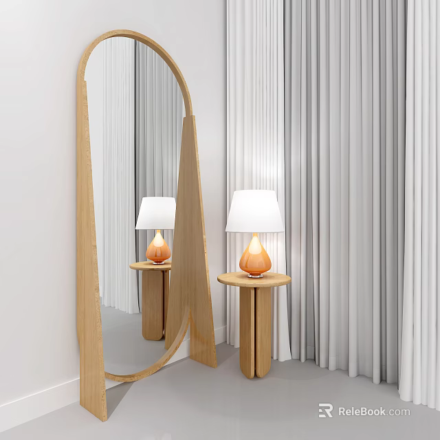 Arched Wooden Mirror with Wooden Side Table and Table Lamp Near White Curtains 3d model 