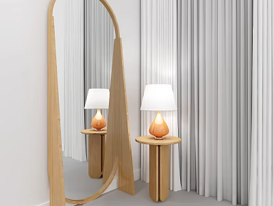 Arched Wooden Mirror with Wooden Side Table and Table Lamp Near White Curtains 3d model
