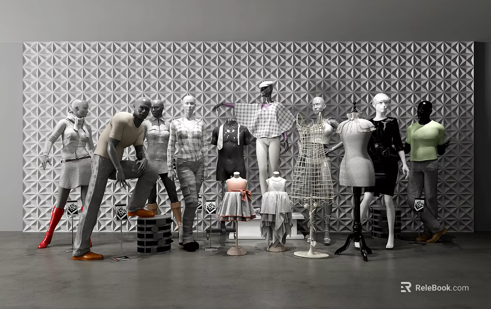 Mannequins In Various Poses With Clothing Display Against Geometric Patterned Wall And Child Mannequins 3d model 