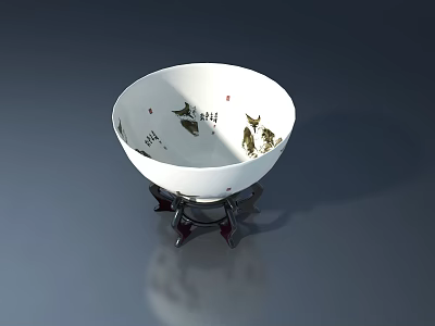 White Ceramic Bowl With Fish And Plant Patterns On Black Stand Gray Background 3d model
