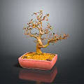 Artistic Bonsai Tree in Red Square Pot with Yellow Gravel and Colorful Leaves