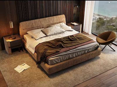 Modern Bedroom Interior Design With Double Bed Wooden Wall Nightstand Lamp Armchair And Window View 3d model