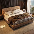 Modern Bedroom Interior Design With Double Bed Wooden Wall Nightstand Lamp Armchair And Window View