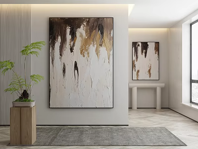 Abstract Painting With Brown Beige Hues In Modern Interior Green Plant Wooden Stand Gray Rug 3d model