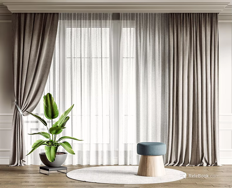 Gray Curtains With Sheer Voile For Window In Modern Interior With Potted Plant And Stool 3d model 