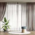 Gray Curtains With Sheer Voile For Window In Modern Interior With Potted Plant And Stool