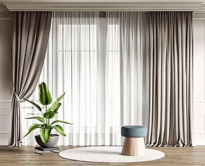 Gray Curtains With Sheer Voile For Window In Modern Interior With Potted Plant And Stool 3d model
