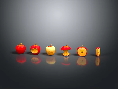 Red And Yellow Apples Showing Various States Whole Bitten Sliced And Cut Pieces 3d model