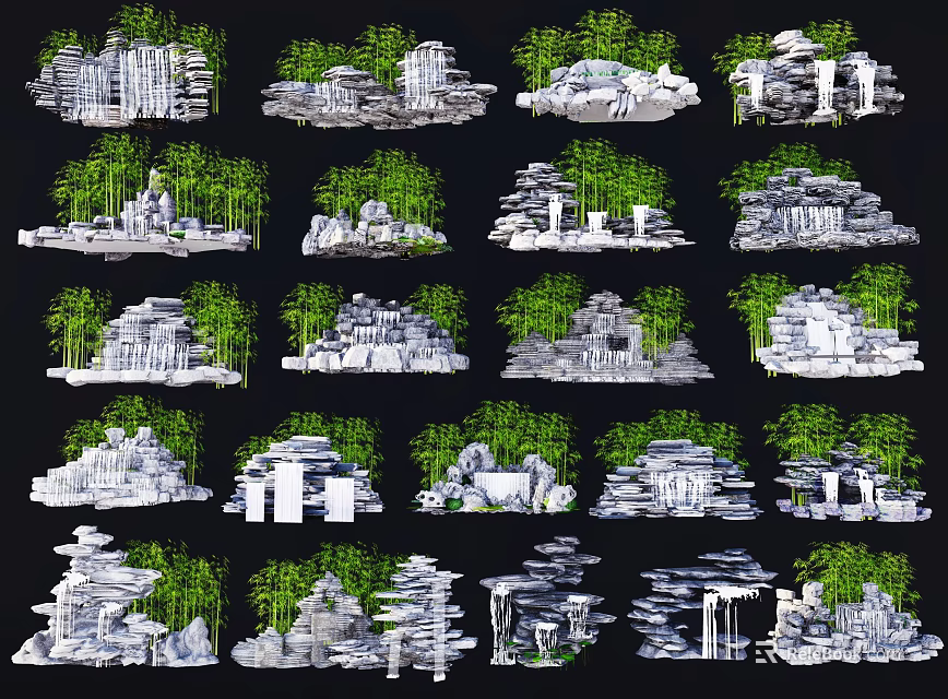 Decorative Rockery Stones with Green Bamboo and Plants in Garden Landscape 3d model 