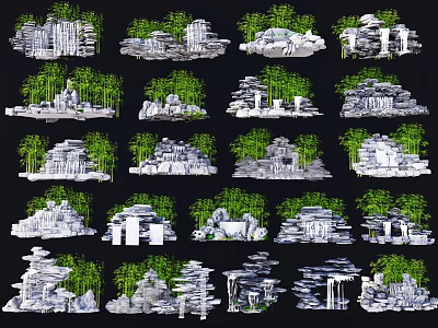 Decorative Rockery Stones with Green Bamboo and Plants in Garden Landscape 3d model