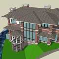 Classic Two Story Detached Villa With Waterfront Green Lawn Large Windows And Brick Exterior