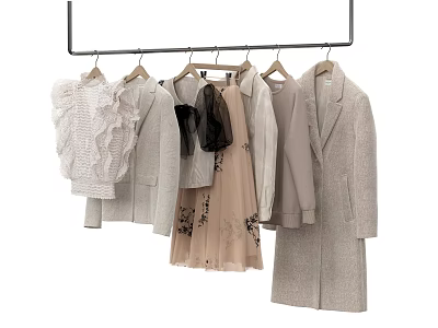 Clothes Hanging on Hangers Including Lace Tops Coats Dresses in Light Beige Gray Pink Colors 3d model