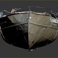Weathered Wooden Small Boat With Worn Details On Smooth Black Background Reflection