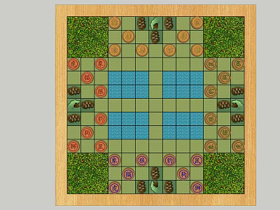 Wooden Framed Garden Design With Green Areas Blue Squares And Colorful Decorative Circles 3d model