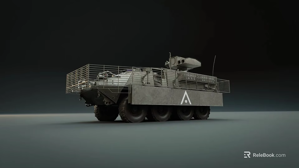 Military Armored Vehicle With Cage Structure Weapon System And Multiple Wheels 3d model 