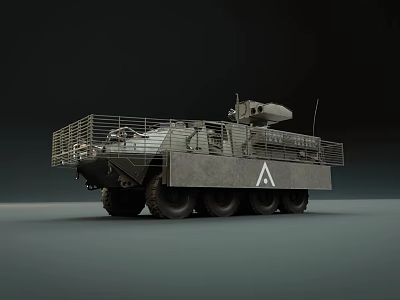 Military Armored Vehicle With Cage Structure Weapon System And Multiple Wheels 3d model