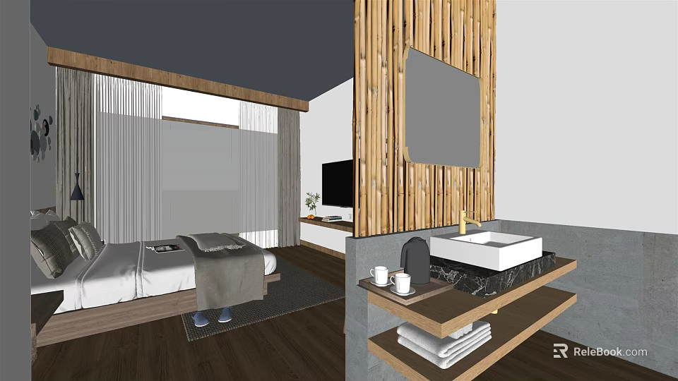 Modern Hotel Room Interior With Wooden Decor Bed Mirror And Washbasin 3d model 