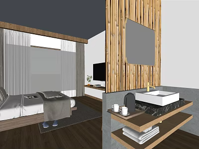Modern Hotel Room Interior With Wooden Decor Bed Mirror And Washbasin 3d model
