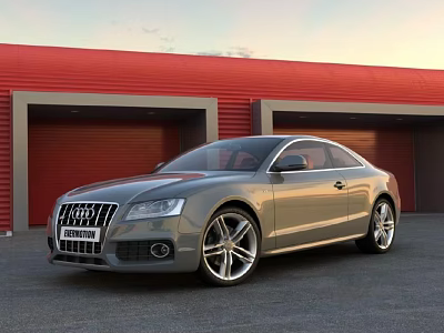 Silver Audi Coupe Parked In Front Of Red Building With Garage Doors 3d model