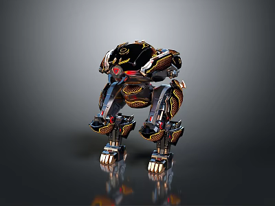 Futuristic Mechanical Creature Robot With Black And Gold Armor And Red Eyes 3d model