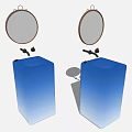 Blue Square Glass Washbasin Interior With Black Faucets And Round Mirror