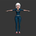White Short Haired Female Game Character Wearing Blue Jumpsuit With Yellow Belt And Pink Shoes