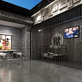 Traditional Chinese Community Courtyard With Brick Walls Tiled Roof And TV Screen