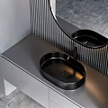 Modern Bathroom Vanity With Oval Mirror Black Sink Gray Cabinet And Striped Wall