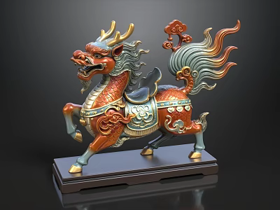 Traditional Chinese Bronze Qilin Figurine With Ornate Decorative Base Sculpture 3d model
