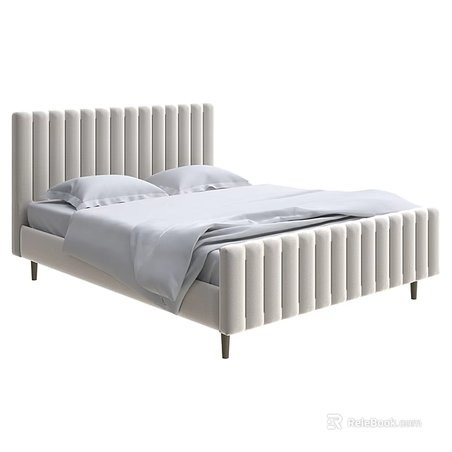Light Colored Velvet Double Bed With Vertical Tufted Headboard And Modern Design 3d model