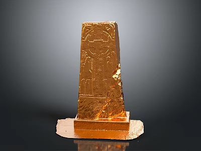 Golden Obelisk Sculpture with Intricate Carved Patterns on Stable Base 3d model