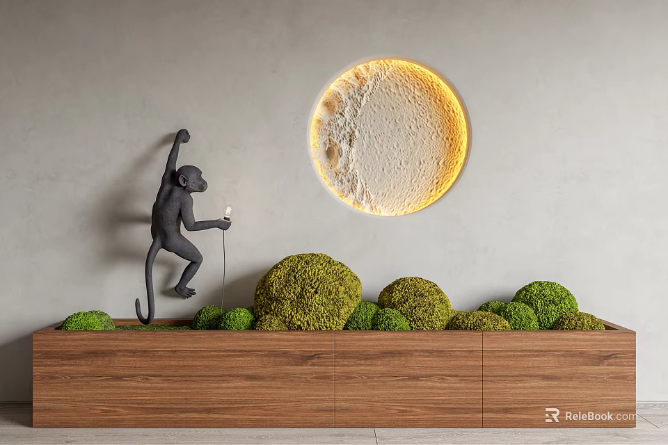 Bonsai Potted Plants With Green Moss On Wooden Base Monkey Statue And Round Glowing Moon 3d model 