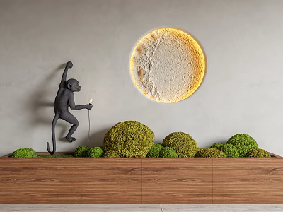 Bonsai Potted Plants With Green Moss On Wooden Base Monkey Statue And Round Glowing Moon 3d model