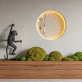 Bonsai Potted Plants With Green Moss On Wooden Base Monkey Statue And Round Glowing Moon