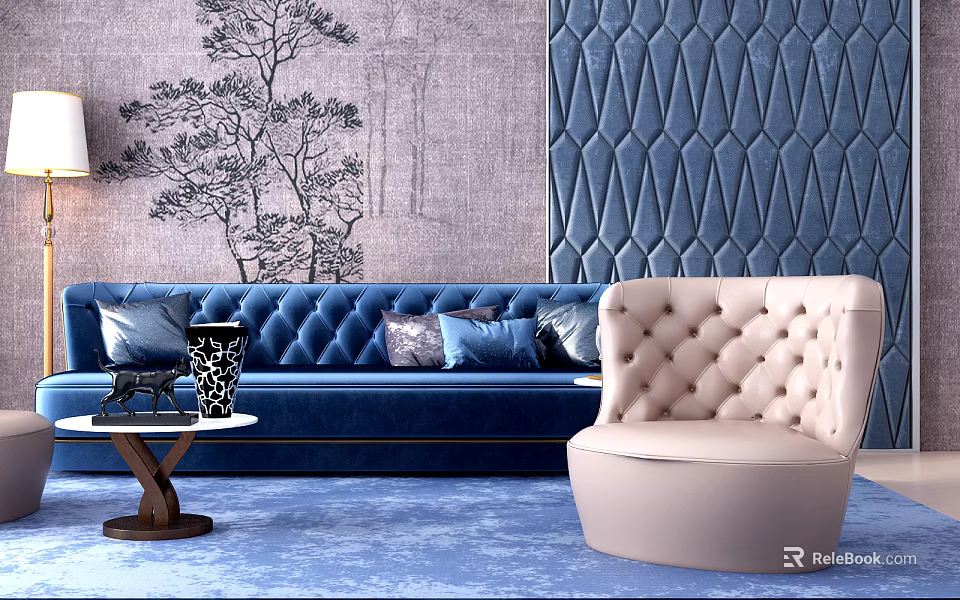 Blue Tufted Sofa Coffee Table with Beige Armchair Tree Pattern Wallpaper Diamond Textured Wall 3d model