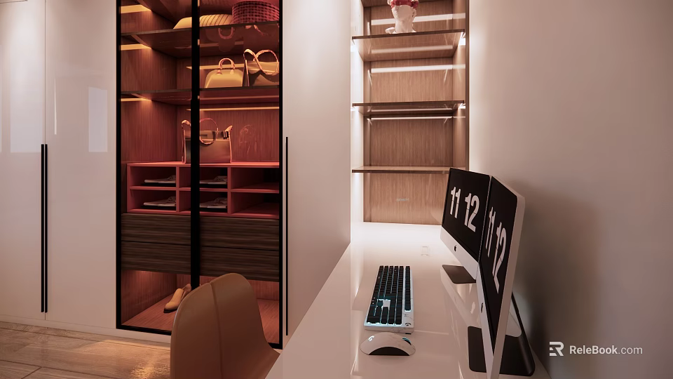 Modern Wooden Wardrobe Interior Design With Glass Doors And Storage Shelves 3d model 