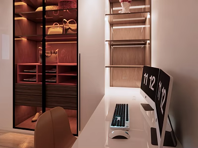 Modern Wooden Wardrobe Interior Design With Glass Doors And Storage Shelves 3d model