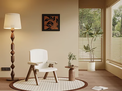 White Leisure Armchair in Cozy Interior with Floor Lamp Decorative Painting Plants and Window Blinds 3d model
