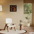 White Leisure Armchair in Cozy Interior with Floor Lamp Decorative Painting Plants and Window Blinds