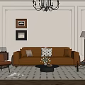 Elegant Modern Living Room With Brown Sofa Chandelier Geometric Rug And Armchair