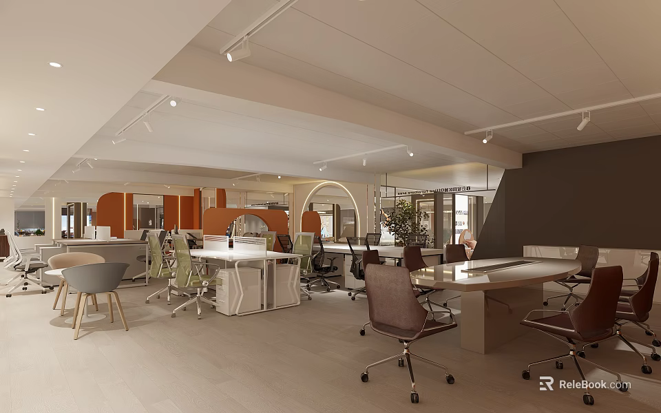 Modern Office Interior With Open Layout Desks Ergonomic Chairs Orange Partitions And Plants 3d model 
