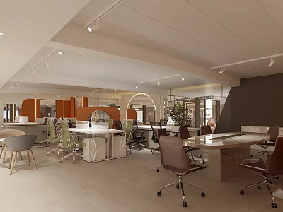 Modern Office Interior With Open Layout Desks Ergonomic Chairs Orange Partitions And Plants 3d model