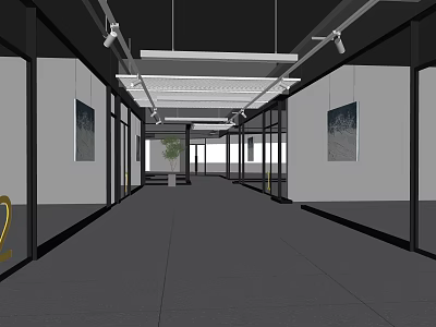 Modern Elevator Corridor With Glass Partitions Wall Paintings And Ceiling Lights 3d model