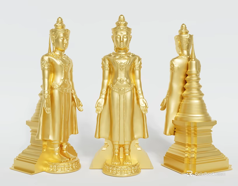 Golden Buddha Sculptures Displayed From Multiple Angles With Intricate Carving Details 3d model 