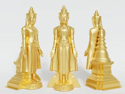 Golden Buddha Sculptures Displayed From Multiple Angles With Intricate Carving Details 3d model